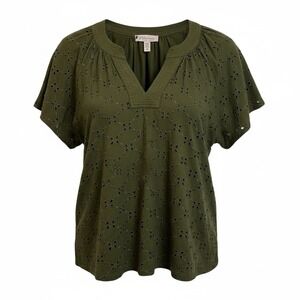Philosophy Woman Olive Green Eyelet V Neck Short Sleeve Top 2X TTG Boho